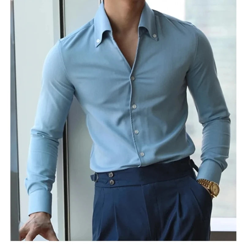 Men's Italian Collar Shirt, Wrinkle-free, Casual Slim-fit