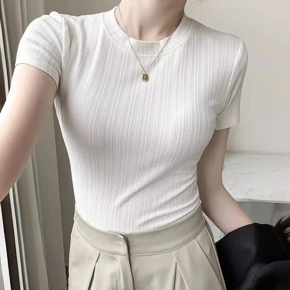 Summer Womens Y2k Harajuku T-shirt Casual Short Sleeve Tops Korean Fashion Knitted Clothes for Women White Black T-shirts 2025