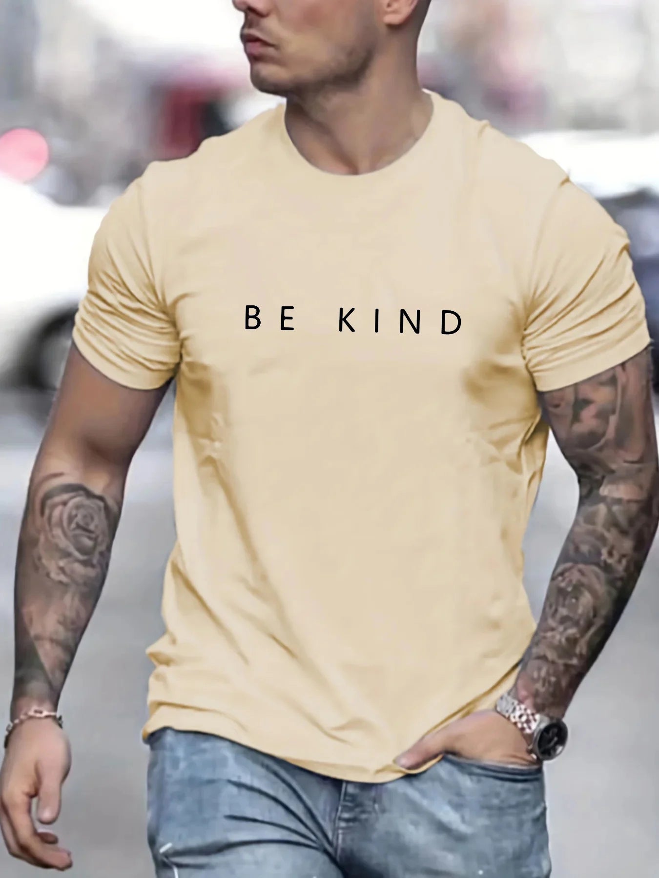 Men's Summer Loose Fit  100 Cotton be Kind Print T-shirt Tops O-neck Pactwork