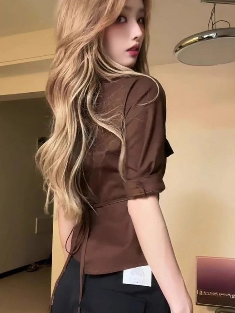 Vintage Hot Chick Polo Collar T-shirt Woman Half Sleeve Fashion Aesthetic Button Brown Slim Tops Autumn New Chic Design Clothes