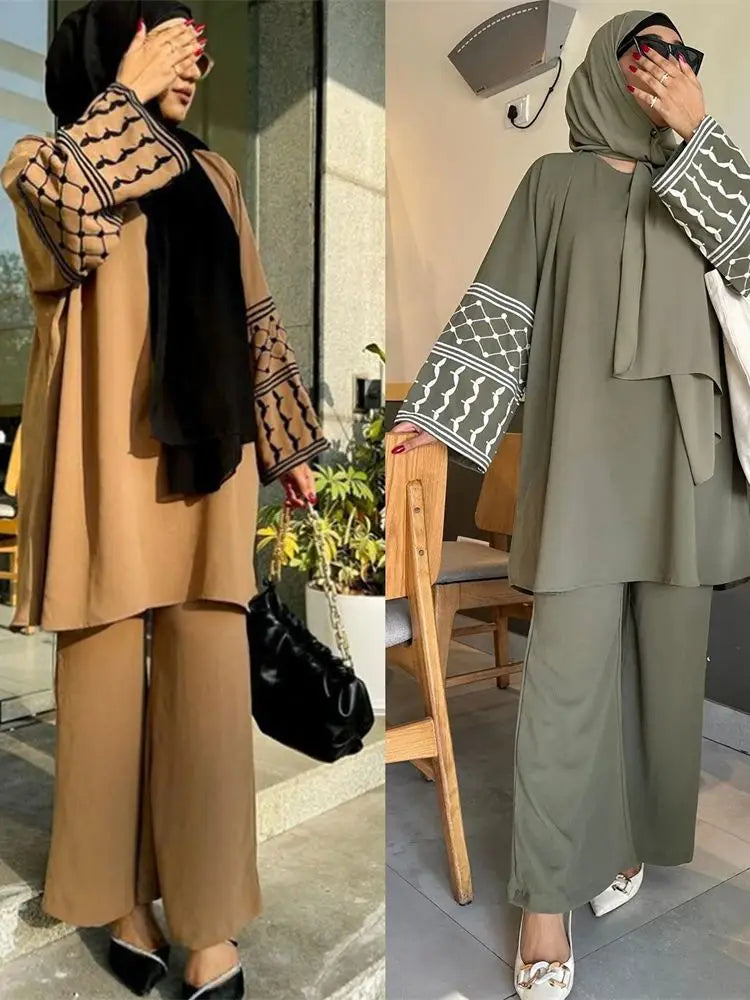 Eid Plain 2 Piece Abaya Set Tops Pants Sets Abayas For Women Clothing Robe  Femme