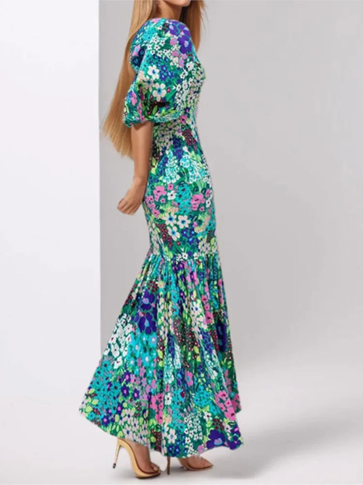 Fashion Print Dress For Women Casual O-Neck Puff Sleeve High Waist Dresses Robe Femme Elegant Party Womens Clothing Summer New