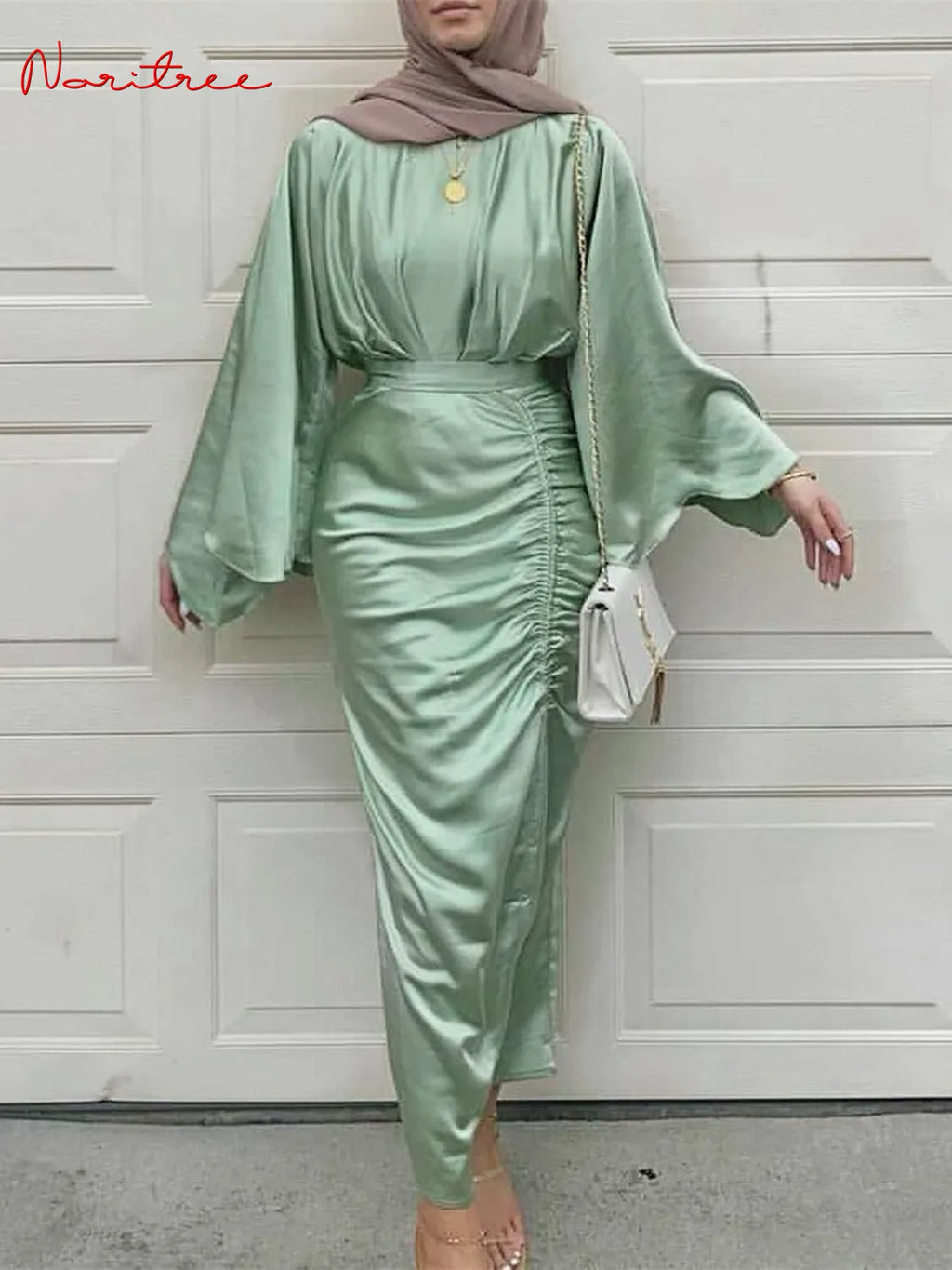 Ramadan Eid Djellaba Feminine Muslim Dress Dubai Shiny Soft Silky Abaya Dubai Turkey Muslim Islam Abayas Robe with belt WY805