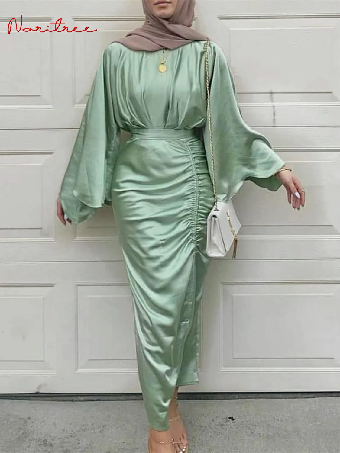Ramadan Eid Djellaba Feminine Muslim Dress Dubai Shiny Soft Silky Abaya Dubai Turkey Muslim Islam Abayas Robe with belt WY805