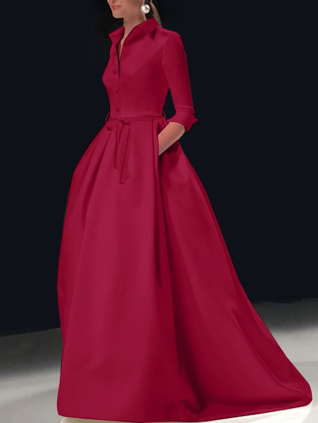 Fashion Elegant Long Dress for Women Solid Color Party Evening Bridesmaid Pockets Turndown Collar Maxi Dress Vestidos de gala