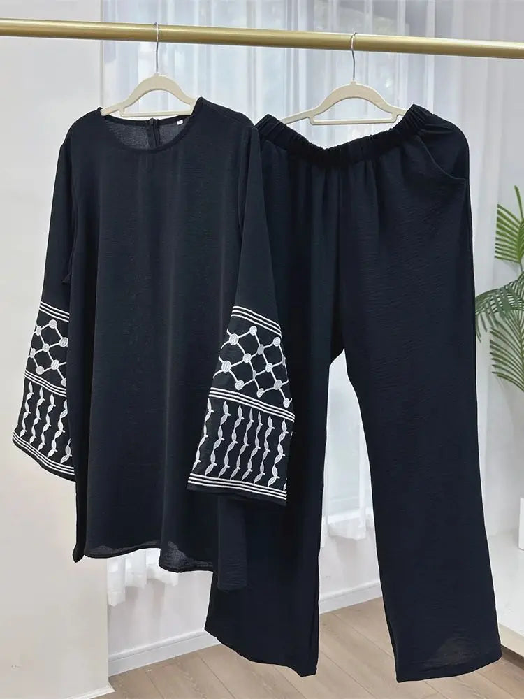 Eid Plain 2 Piece Abaya Set Tops Pants Sets Abayas For Women Clothing Robe  Femme