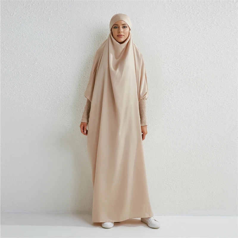 Abaya Hooded Smocking Sleeve One-piece Prayer Dress Women Jilbab  Clothing Dubai Saudi Black Robe Turkish Modesty