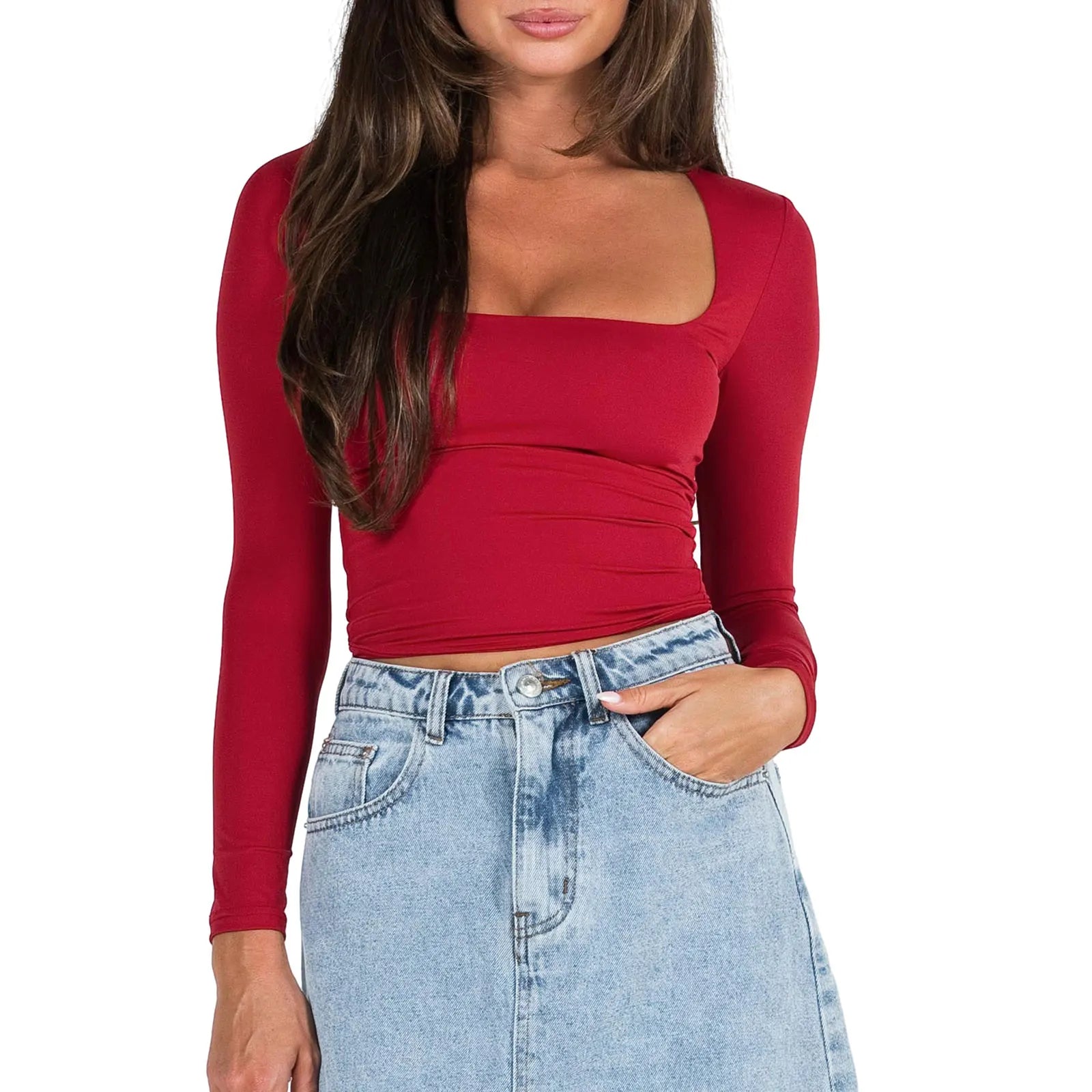 Women's Slim Fit Crop Tops Fashion Long Sleeve Square Neck Solid Color Pullover Basic T-Shirt Dressy Blouses 2024 New Streetwear