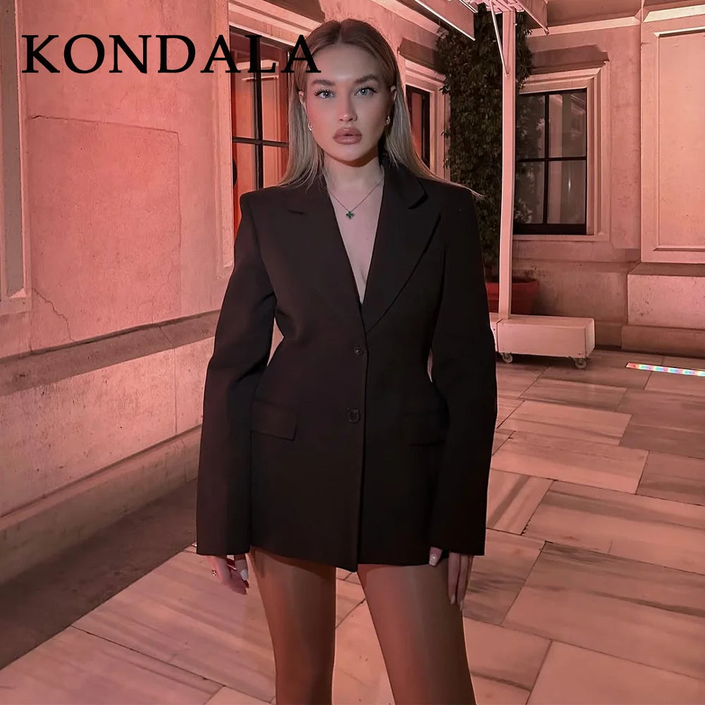 KONDALA 2025 Fall Winter Brown Elegant Office Lady Suits Fashion Shrug Pockets Blazers Elegant Zipper Skirts Chic Baggy Pants