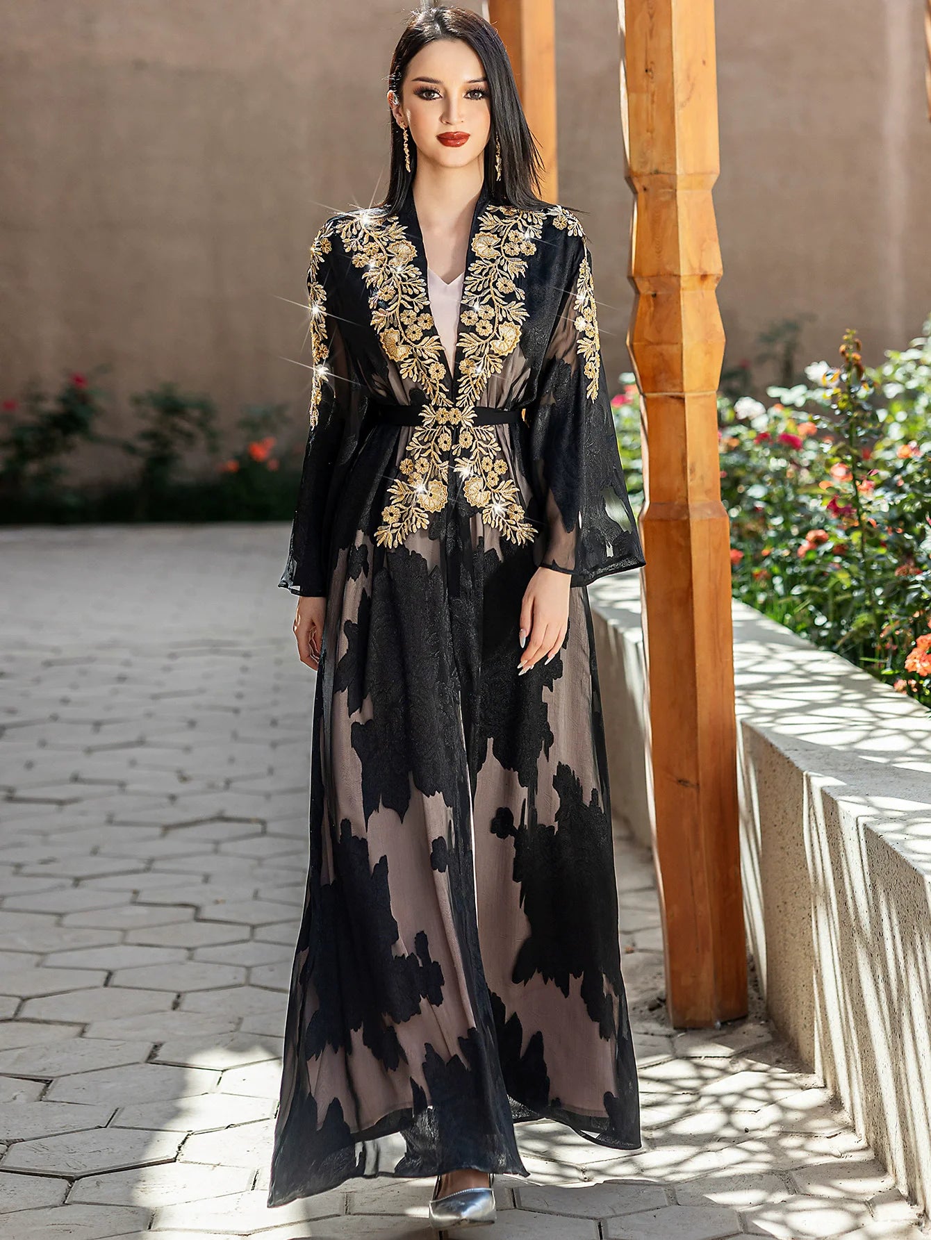 Women's Black Gold Lace Embroidered Two Piece Set with Belt Robe Light and Elegant Middle Eastern Spot