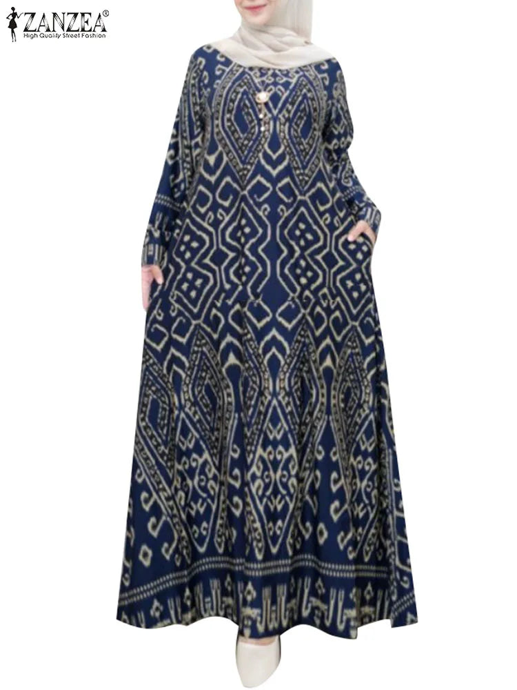 ZANZEA Vintage Printing Maxi Dress Casual Bohemian  Long Sleeve Elegant Women Loose Long Robe