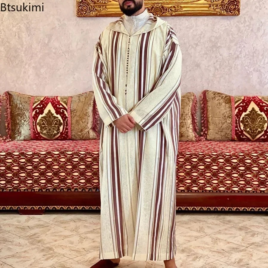 New 2025 Islamic Clothing Men Robe Kaftan Muslim Man Moroccan Casual Long Dress Arabic Striped Robe Middle East National Costume