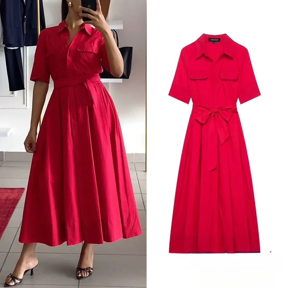 KONDALA Casual Chic Red Women Sashes Long Dress Women Pockets Short Sleeve Summer Dress Fashion 2025