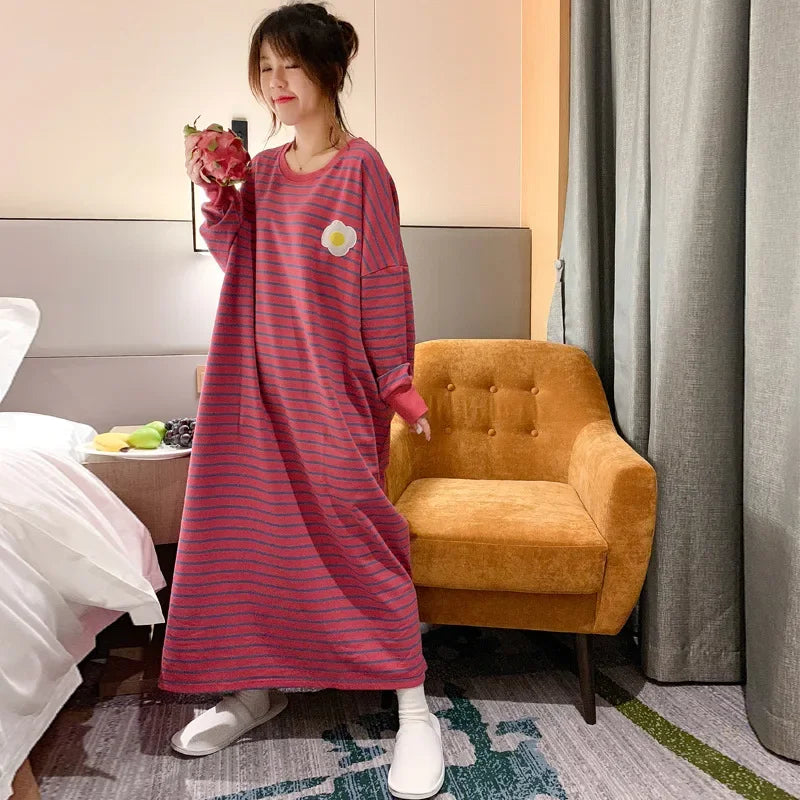 2025 Women Sleepwear Spring Summer Plus Size Night Dress for Lady Cute Long Sleeve Loose Embroidery Cartoon Sleepshirts Pajamas