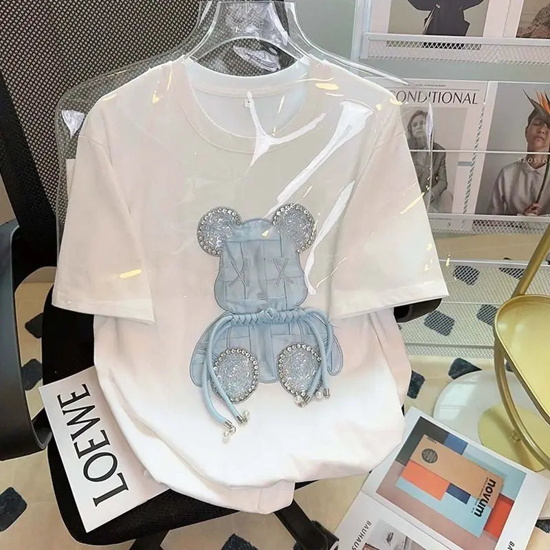 Luxury Embroidery Bear Diamond T Shirts Cute Cartoon Summer Tee Tops High Quality Cotton Short Sleeve Kawaii Clothes Korea