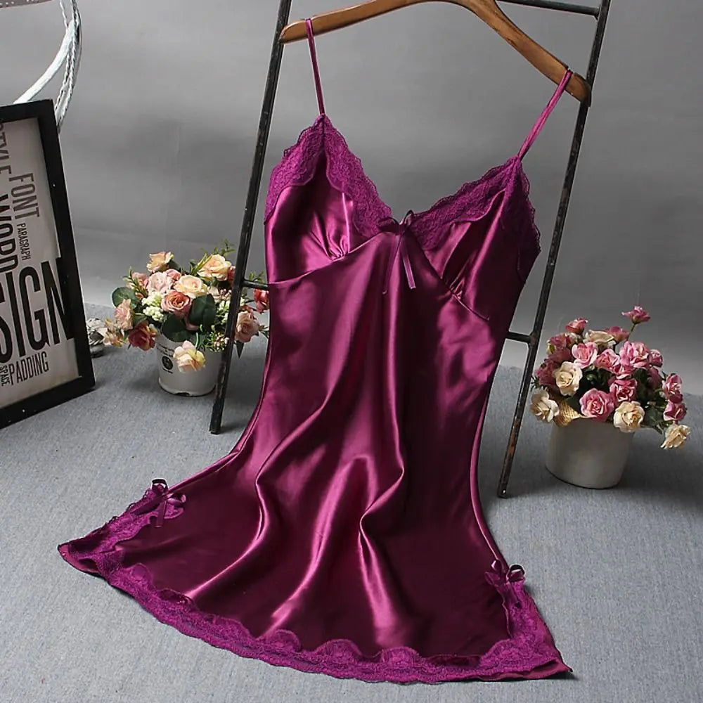 Sexy Lace Patchwork Camisola Lingerie Silk Dress Sleep Wear Nightdress