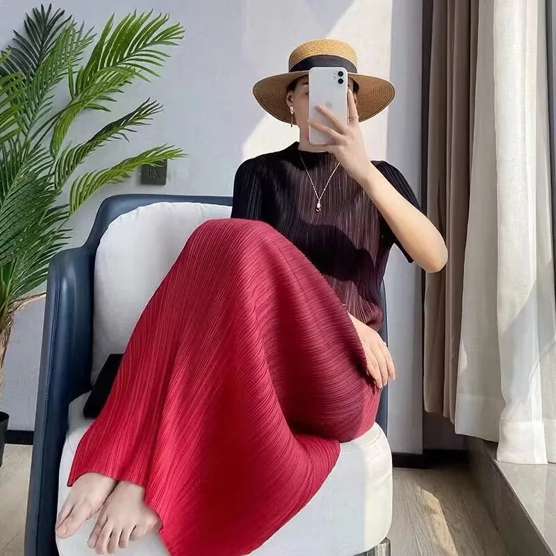 Long Dresses Elegant Party Dresses Woman Miyake Pleated Dress Female Gradient Long Loose Fashion Stitching Drape Bottoming Dress