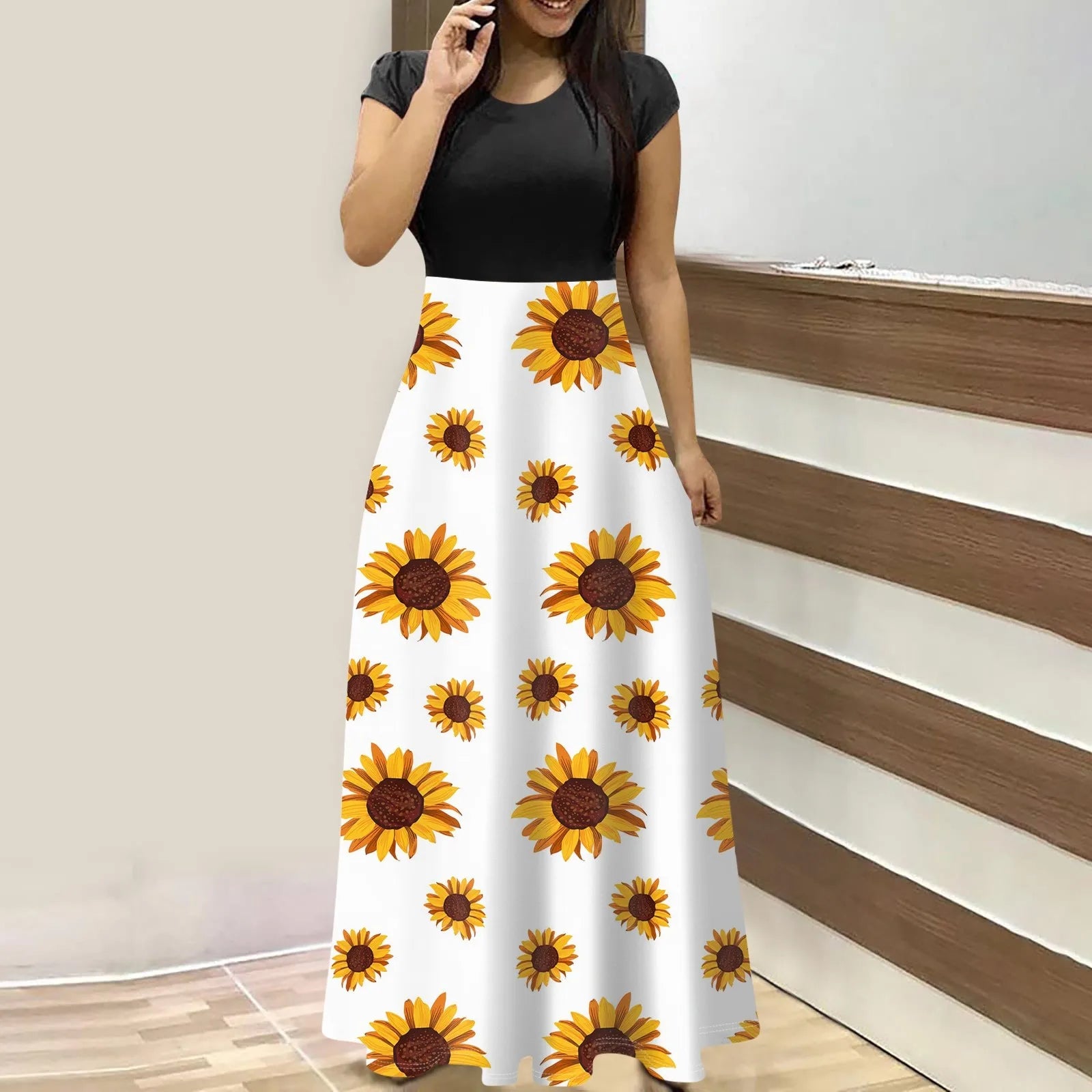 elegant dresses for women Fashion Casual long dresses Print O-Neck Short Sleeves Oversized Maxi Dress Splicing vestidos curtos