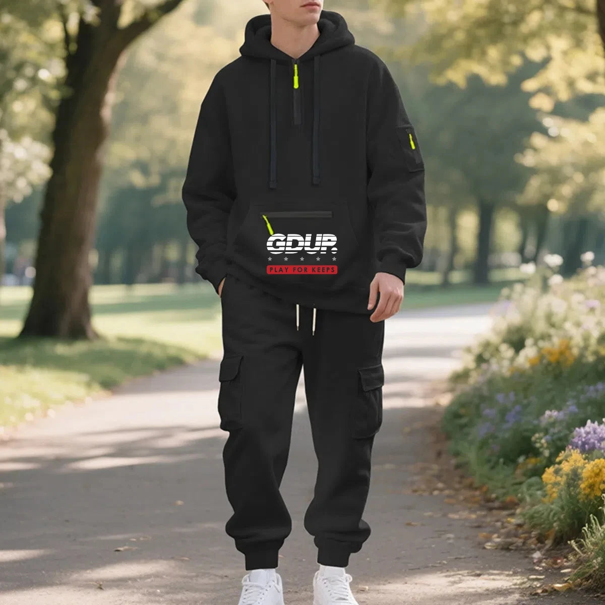 Men's Fleece Hooded Half-Zip Sweatshirt And Loose Sport Pants Set Casual Autumn/Winter Multi-Pocket Fashion Track Suit