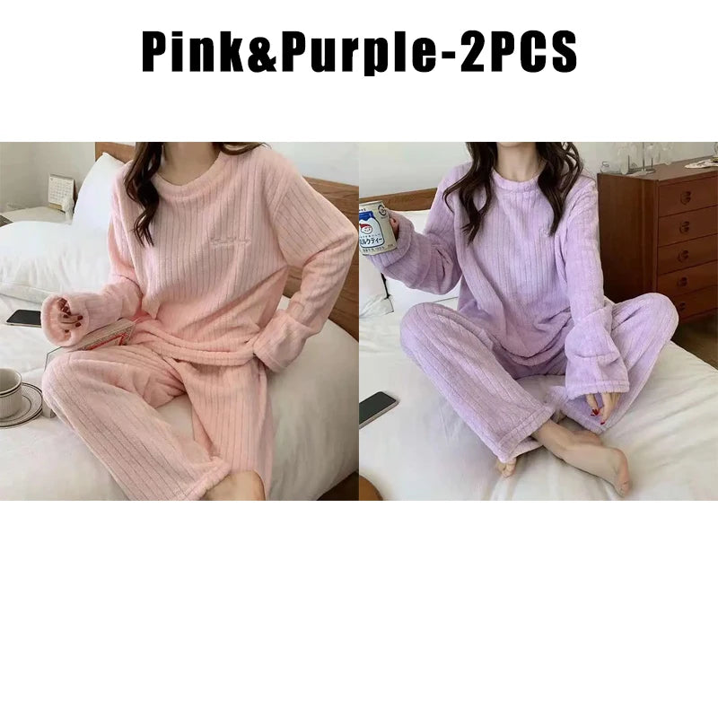 Women Coral Fleece Pajama Set Warm Round NeckSleepwear Cozy Loungewear Outfit