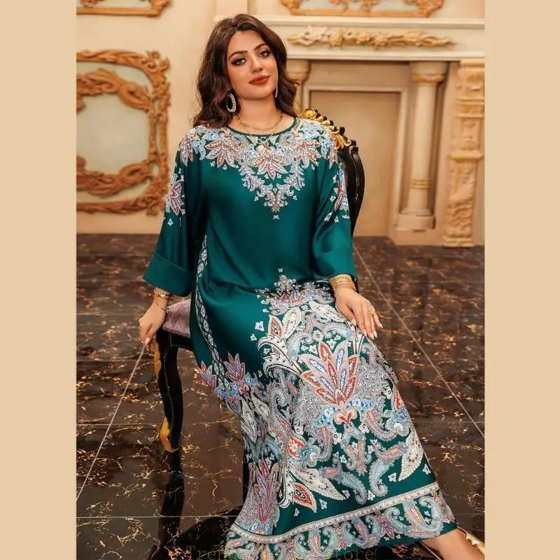 Dress for Women, Middle Eastern Robe Dress Flower Print Kaftan Dress