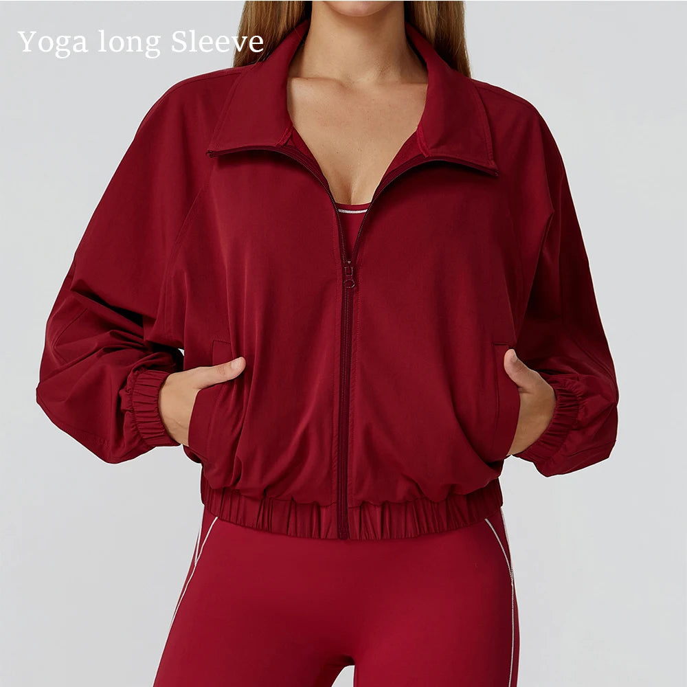 Women Zipper and Pockets Long Sleeve Gym Fitness Jacket Female Running Workout Sports