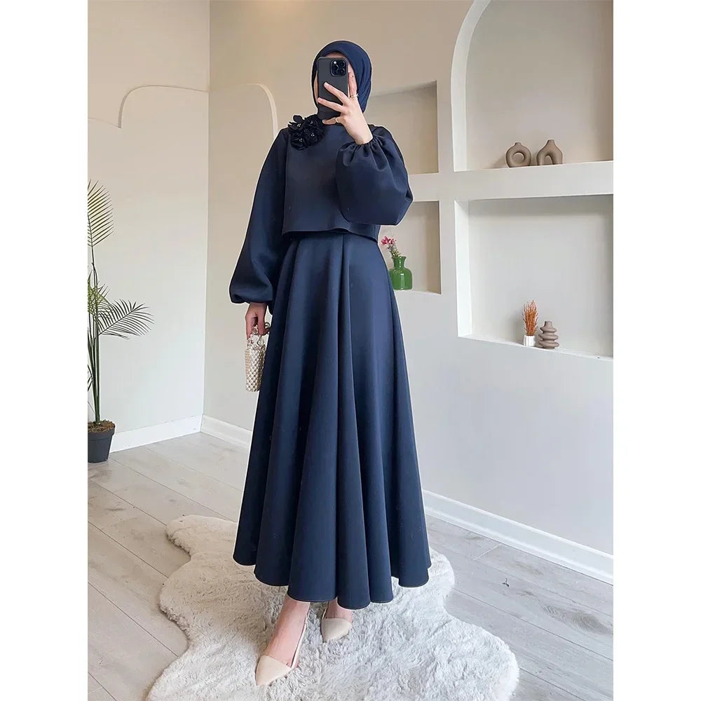 Eid Dubai Fashion Set 2 Piece Women Lantern Sleeve Top Shirt & Skirts Suits Appliques Sets