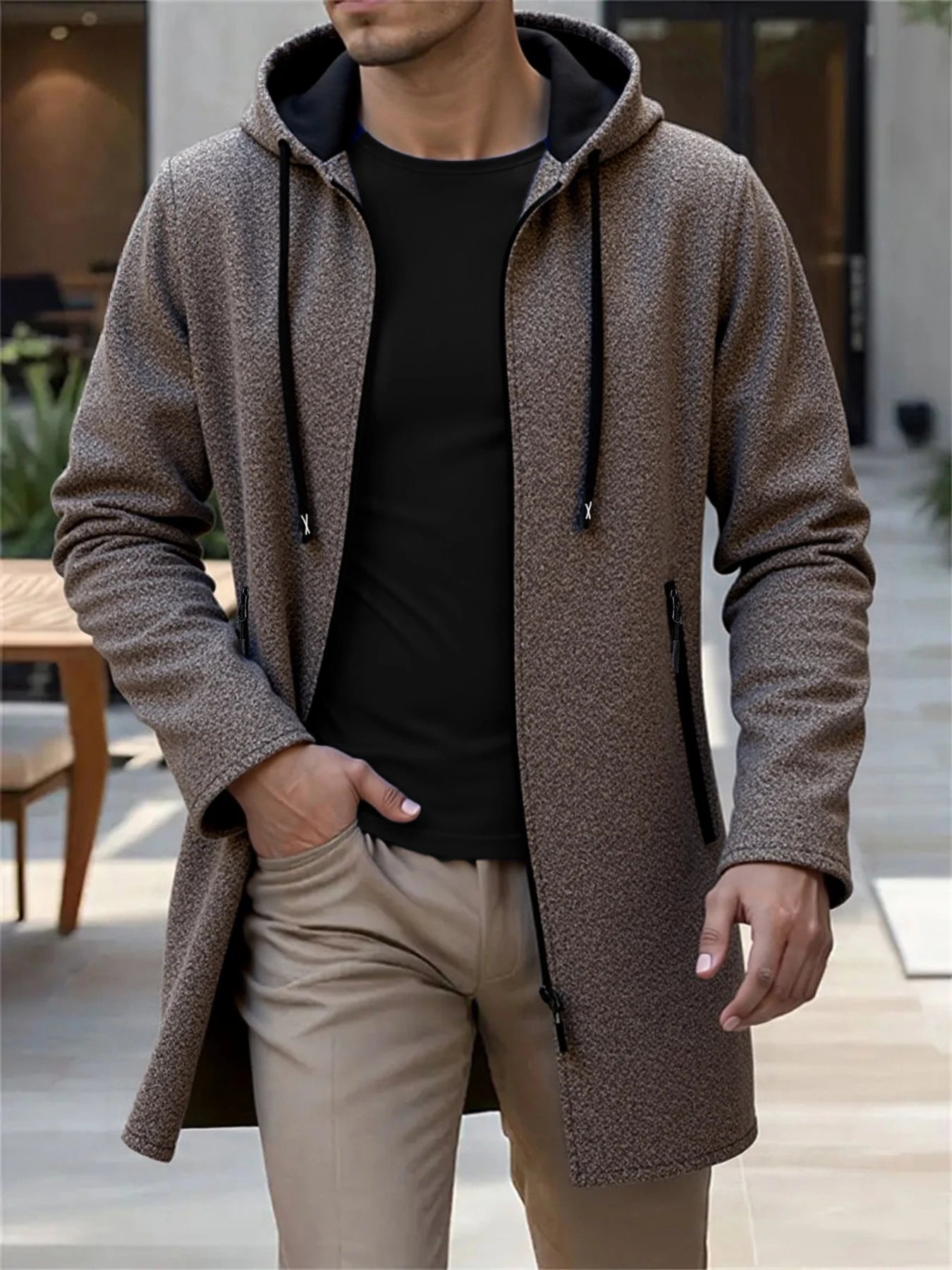 Men's Hooded Long Jackets  Outwear Casual Coats Zipper