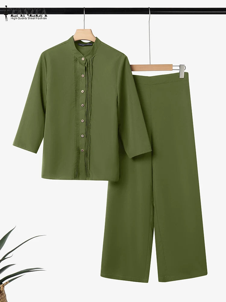 ZANZEA Stylish Autumn 2 Pieces Sets Women Long Sleeve Blouses Pant Sets Casual Solid Loose Tracksuit Female OL Work Outfits 2025