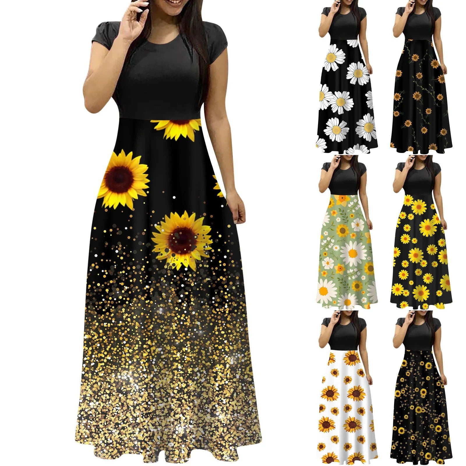 elegant dresses for women Fashion Casual long dresses Print O-Neck Short Sleeves Oversized Maxi Dress Splicing vestidos curtos