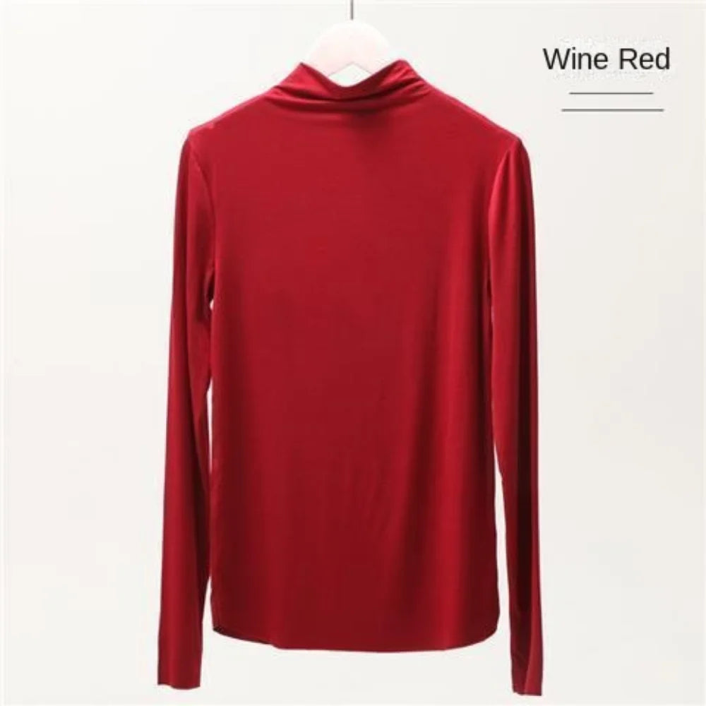 Fall and Winter 2025 New Luxury Clothing Stretch Modal T-Shirt for Women Half-high Collar Slim-fit Solid Color Long Sleeve Top