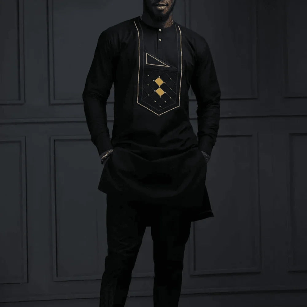 Mans Tracksuits Suits Set Kaftan Embroidered Long Sleeve Tops Pants 2Pcs Set Outfits Wedding Wear African Ethnic Casual Clothing