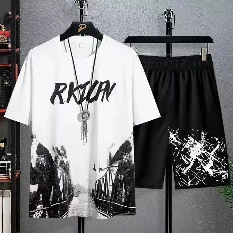 2025 Summer leisure Men set Manga Graffiti Tees T-shirt+shorts 2-piece Comfortable and breathable for men Top Print Tshirts sets