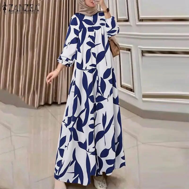 2025 ZANZEA Autumn Sundress Fashion Women Long Sleeve Dress Abaya Bohemain Floral Print Maxi