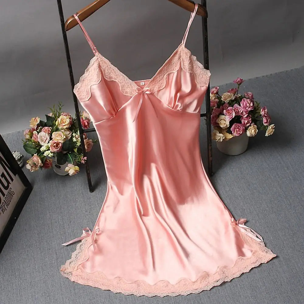 Sexy Lace Patchwork Camisola Lingerie Silk Dress Sleep Wear Nightdress