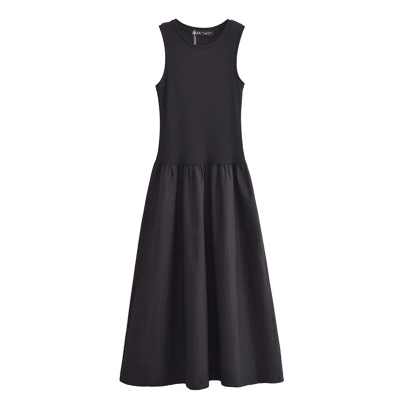 MUJER Black Pleated Long Dresses for Women Knitted Sleeveless Maxi Dress Woman Vintage Party Womens Dresses Spring Casual Dress