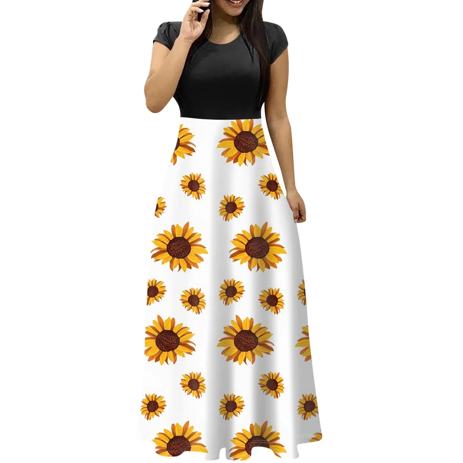 elegant dresses for women Fashion Casual long dresses Print O-Neck Short Sleeves Oversized Maxi Dress Splicing vestidos curtos