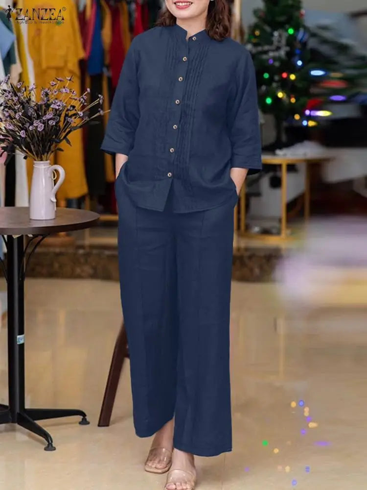 ZANZEA Stylish Autumn 2 Pieces Sets Women Long Sleeve Blouses Pant Sets Casual Solid Loose Tracksuit Female OL Work Outfits 2025
