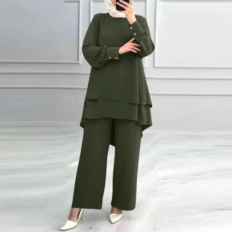 Women 2 Piece Set Blouse Double Top Wide Leg Pants Suit Casual Ensemble  Arab Trousers Outfits
