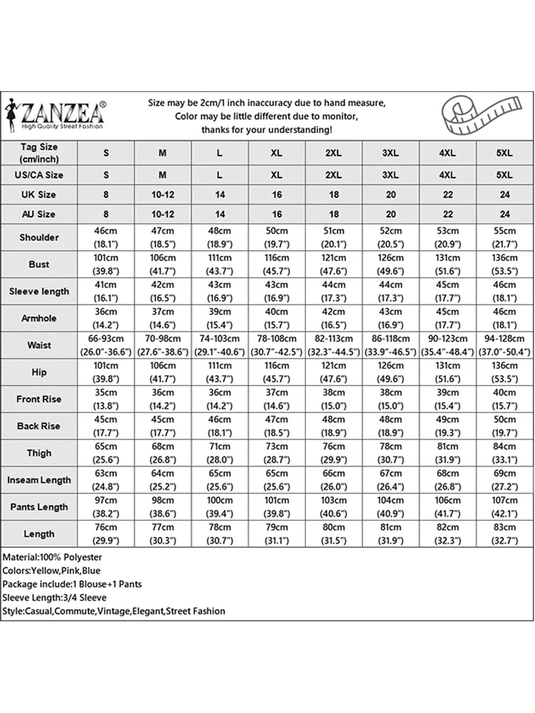ZANZEA Women 2 Piece Solid Elegant Pant Sets Autumn 2 Piece Outfits Fashion Casual Loose 2PCS 2025 Stylish 3/4 Sleeve Top and Long Pants
