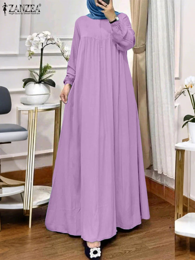 ZANZEA Womens Maxi Dresses Casual Loose Long Sleeve Hijab O-Neck  Abaya Robes