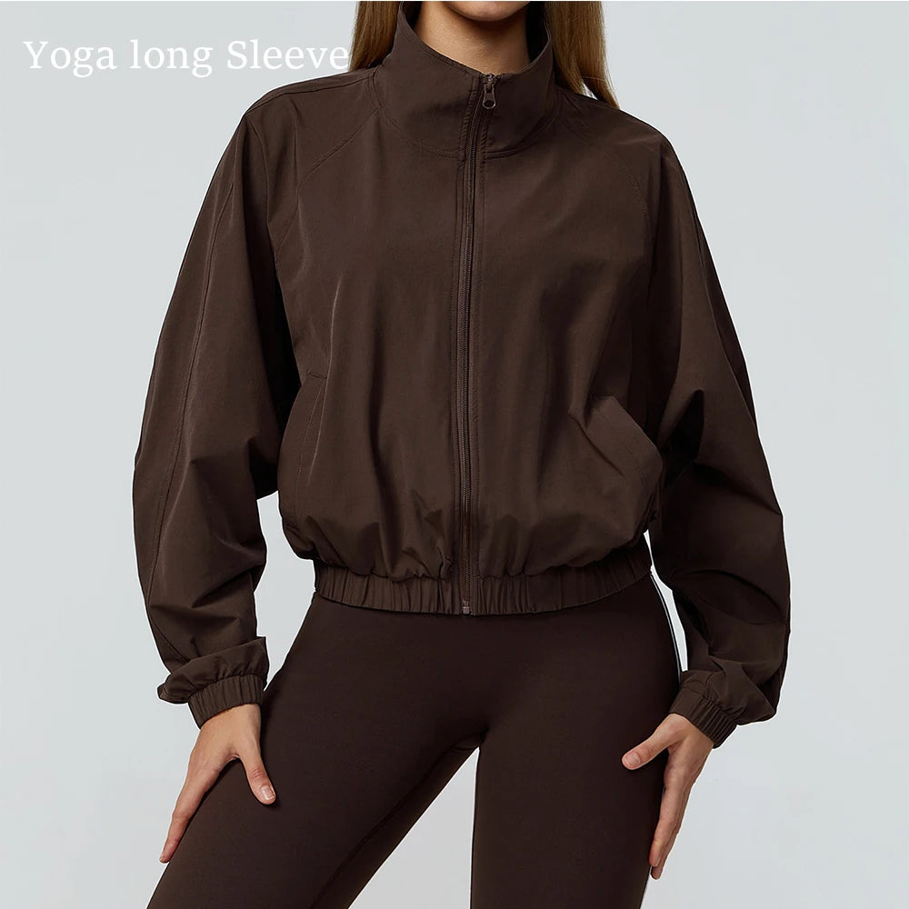 Women Zipper and Pockets Long Sleeve Gym Fitness Jacket Female Running Workout Sports