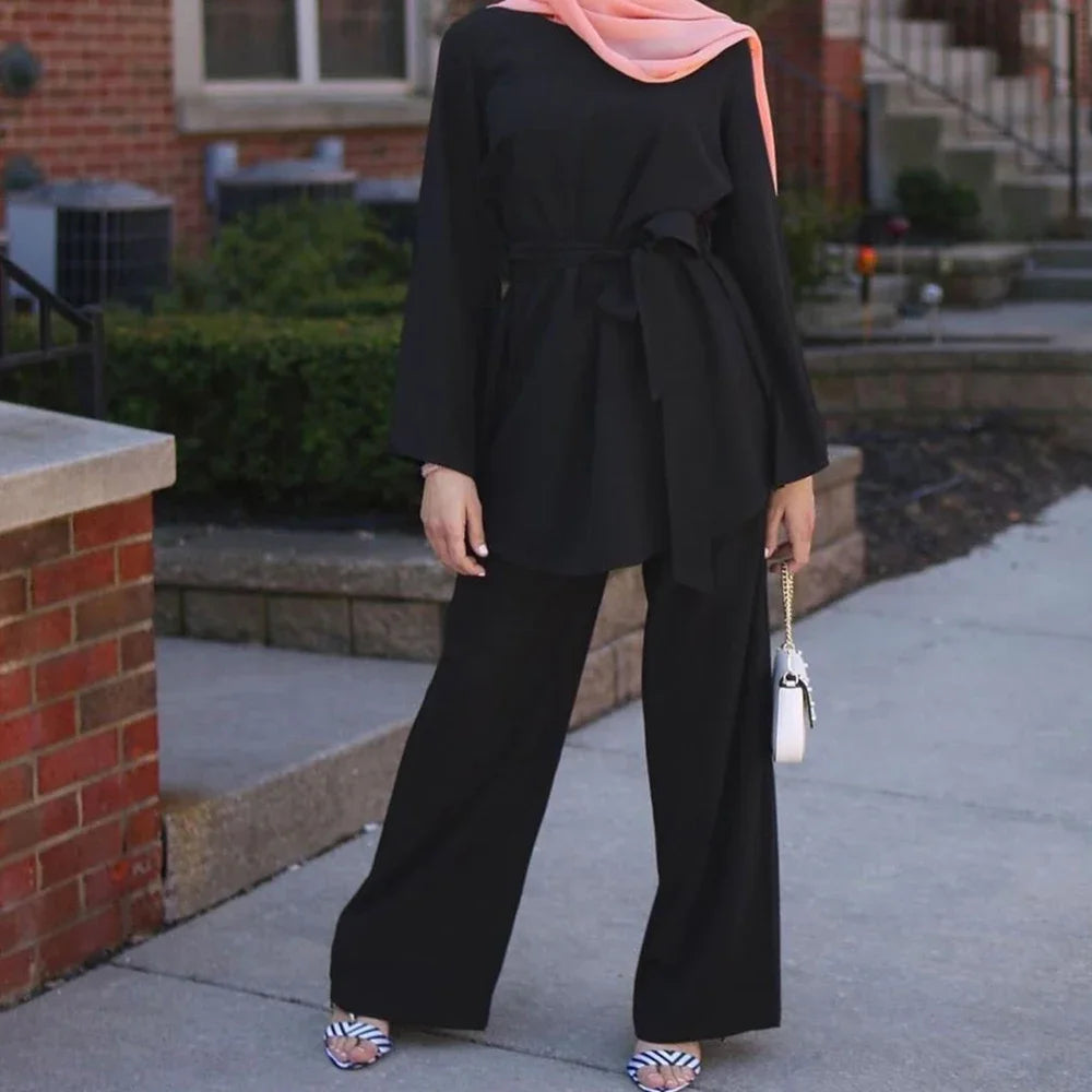 Two-pieces Abaya Turkish Kimono Tops Pants Muslim Dress Abayas Hijab Robe Dubai Caftan Kaftan Islam Clothing For Women Fashion