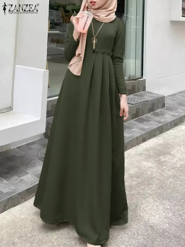 ZANZEA Women's Long Dress Spring Full Sleeve O-Neck Solid Sundress Casual Loose Elegant Robe