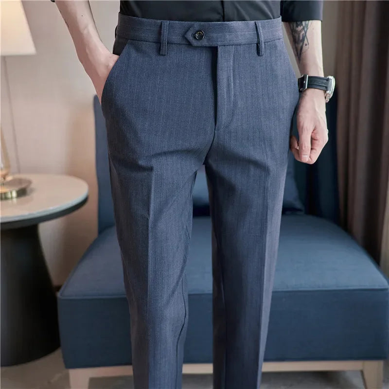 Men Boutique Black Striped Suits Pants Male Formal Wear Wedding Dress Trousers Quality British Style Business Casual Suit Pants