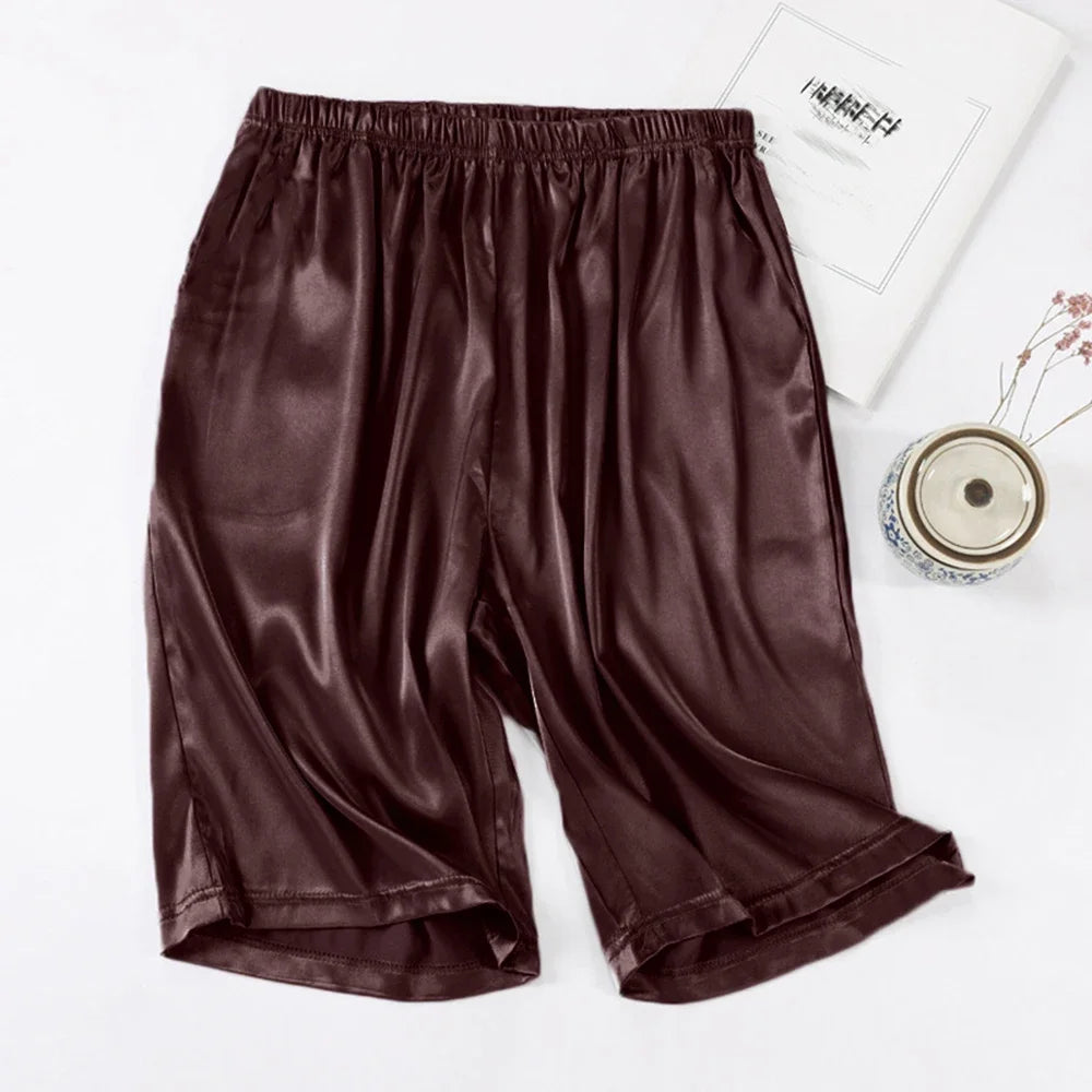 Men's Home Silk Pajamas Shorts  Sleep Bottoms Nightwear Breathable Comfortable  Male Soft Sleepwear