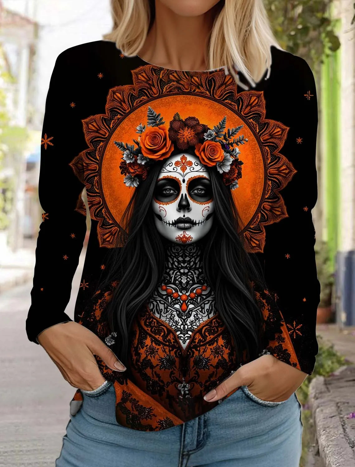 Sugar Skull Pattern Womens Long Sleeve Shirt Day of the Dead Shirts Fashion 3D Printed Tops Summer Gothic style Women's Clothing