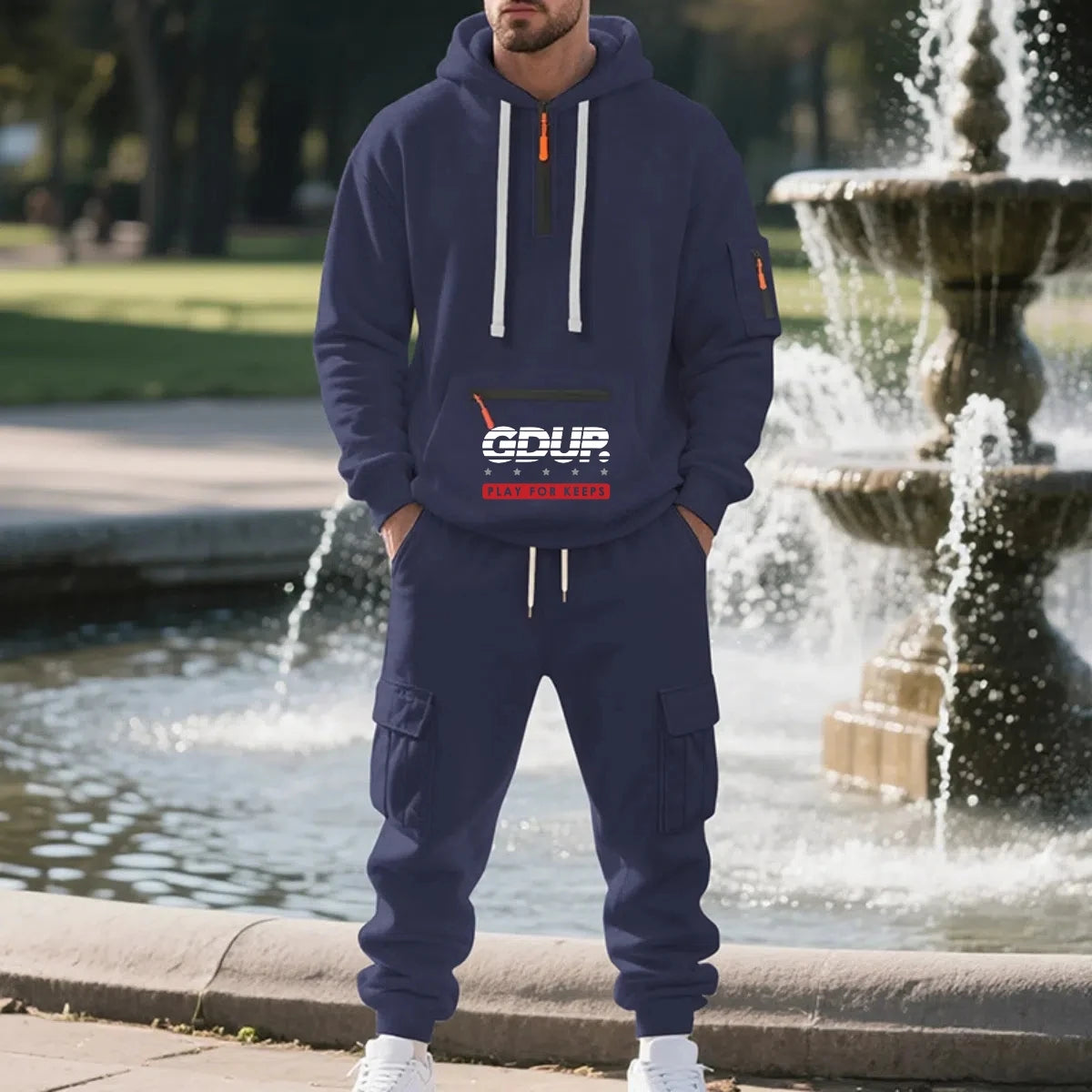 Men's Fleece Hooded Half-Zip Sweatshirt And Loose Sport Pants Set Casual Autumn/Winter Multi-Pocket Fashion Track Suit