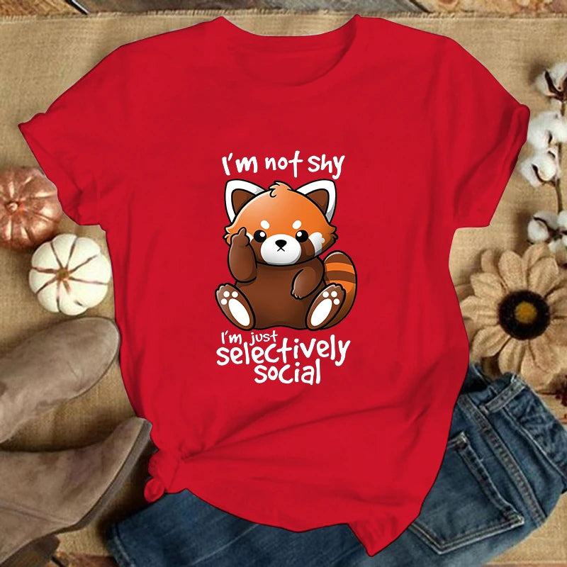 (Premium T-shirt)Panda I'M Not Shy I'M Just Selectively Social Printed T-Shirts Women Short Sleeve Funny Round Neck Tee Shirt