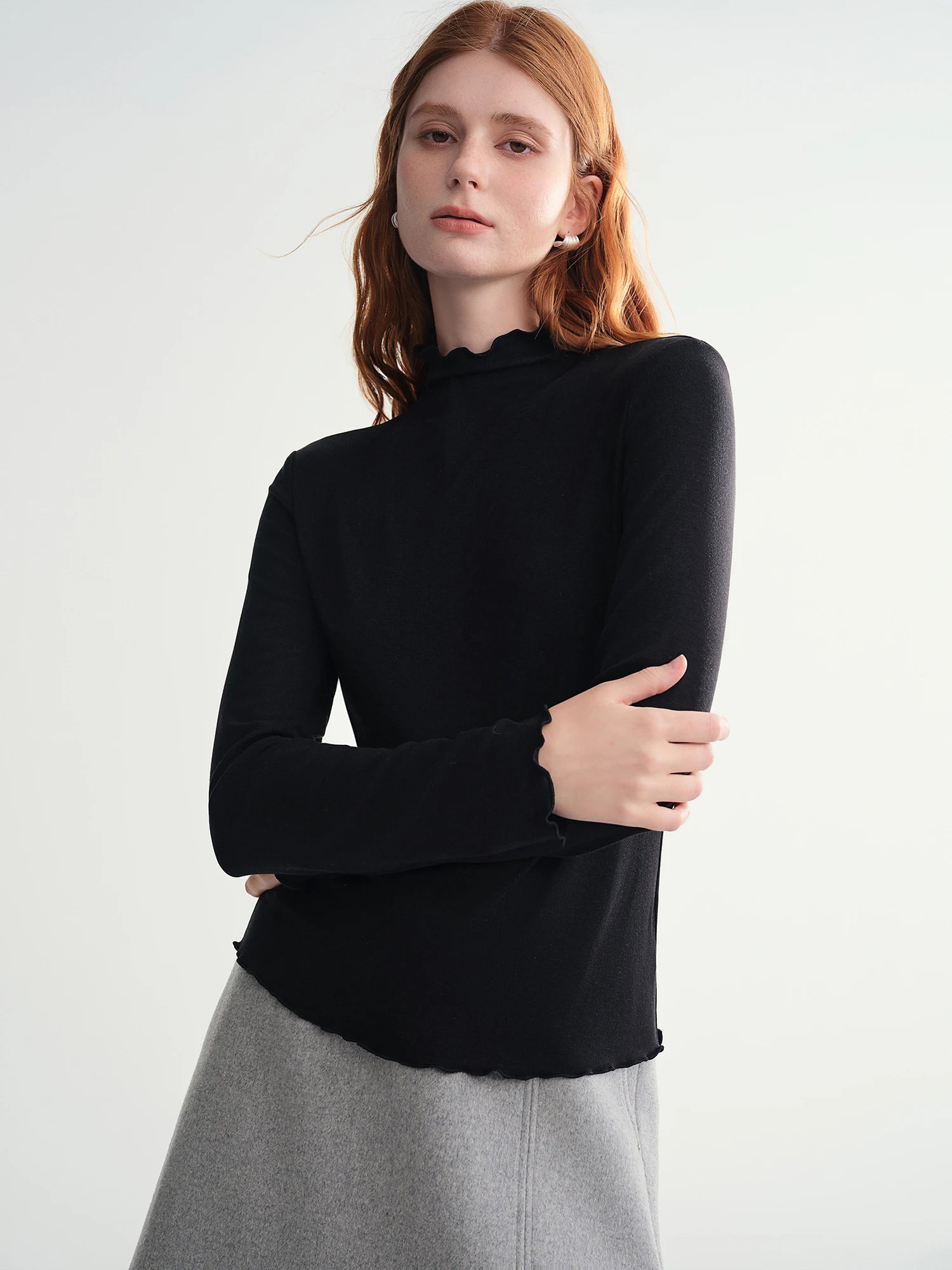 DUSHU Self-Heating Wool T-shirts Half-High Collar Soft Knit  Women's Longline Bralette Fall Winter Curvy Solid Color Pullovers